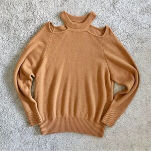 Jason Wu Camel Cut Out Shoulder Sweater Size Large Merino Wool Blend Tan Brown